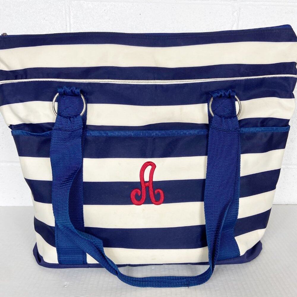 Initials Inc Beach Bag Tote‎ Navy Blue Ivory White Stripe Mesh Bottom Pockets A